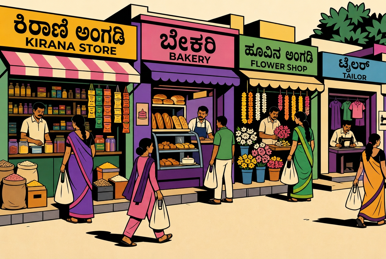 Illustrated neighbourhood street with bilingual Kannada and English shop signs for a kirana store, bakery, flower shop and tailor